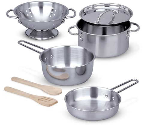 Melissa & Doug Stainless Steel Pots and Pans Pretend Play Kitchen Set for Kids (8 pcs), Silver