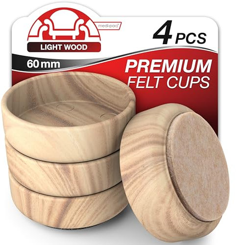 Medipaq Felt Castor Cups – 4x Large 60mm Light Wood Grain – Protects Wooden & Smooth Floors – Chair & Furniture Leg Protectors