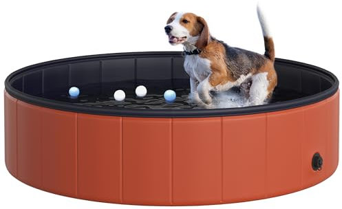 PawHut Foldable Dog Paddling Pool Pet Cat Swimming Pool Indoor/Outdoor Collapsible Summer Bathing Tub Shower Tub Puppy Washer (Φ120 × 30H cm, Red)