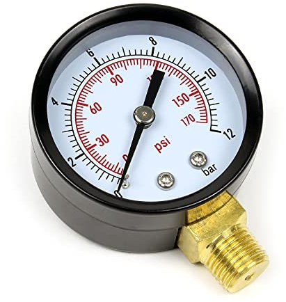 Wiltec Druckanzeige für Druckbehälter, 32 x 55 x 70 mm, Manometer radial DN8 (1/4) 12,9 mm, 0-12 bar (0-170 PSI), Durchmesser 50 mm, für Hauswasserwerk, Membranpumpe
