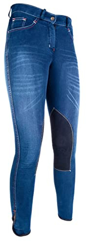 HKM Denim Alos Pantalones de Montar Vaqueros de Mujer para Verano con Parches en Las Rodillas, Primavera/Verano, Mujer, Color Jeansblau/Dunkelblau, tamaño 40