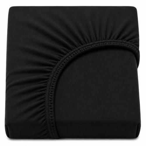 Family Bedding Stretch Jersey Fitted Sheet 30cm Deep Pocket, Double, Black | 30cm Depth, Fully Elasticated, Fits 135x190cm to 140x200cm Mattresses