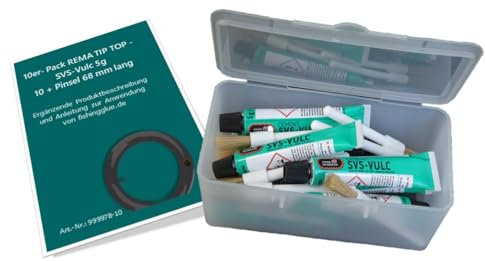 fishingglue.de 10er-Pack GUMMILÖSUNG / VULKANISIERLÖSUNG SVS-VULC 5g/ 7ml + 10 Pinsel 68 mm lang; Flickzeug Fahrrad Schlauchreparatur