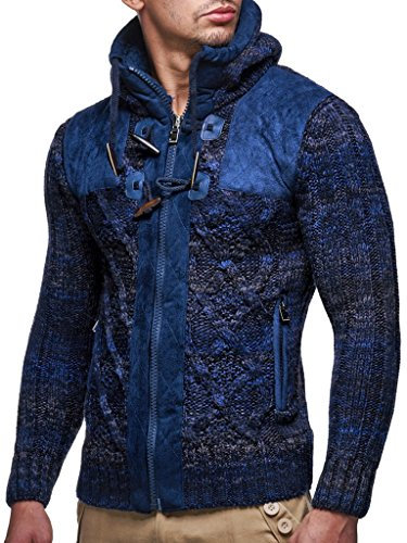 Leif Nelson Strickjacke Herren mit Kapuze & Reißverschluss (Blau, Größe L) - Strick Sweatjacke Männer Cardigan für Winter