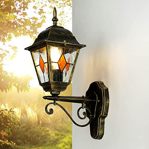 Applique vintage Salzburg elegante effetto ferro battuto oro anticato in stile Tiffany E27 H:40cm luce da esterno ideale per giardino terrazzo viale