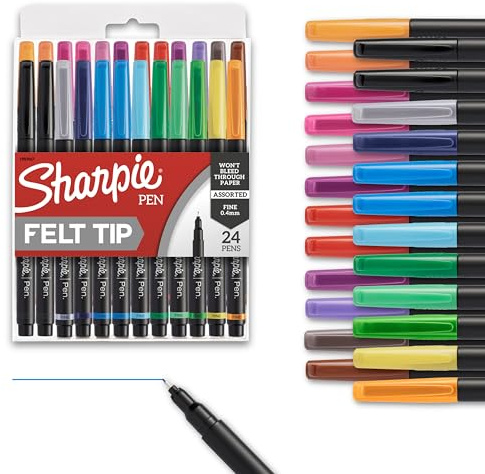 Sharpie Felt Tip Pens, Fine Point (0.4mm), Assorted, 24 Count - Perfect for Journaling, Art, Drawing, Coloring, Writing, School Classroom, Teacher Supplies
