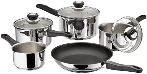 Judge Vista Draining Set of 5 Stainless Steel, 16cm 18cm 20cm Saucepans with Pouring Lip and Strainer Lids, 14cm Milk Pan, 26cm Non-Stick Frying Pan, Induction Ready, Oven Safe