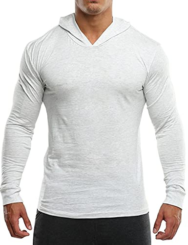 Muscle Alive Uomo Palestra Slim Manica Lunga Bodybuilding Felpe con Cappuccio Cotone e Spandex Bianco S