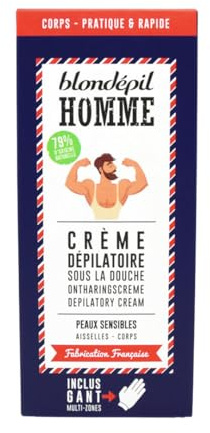 Blondépil Homme - Creme depilatoire homme sous la douche, Pour le corps, Rapide et Efficace, adaptée aux peaux sensibles, Made in France, Inclus accessoire exfoliant, 200ml