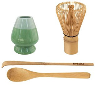 BambooMN Brand - Matcha Green Tea Whisk Set - Whisk + Scoop + Tea Spoon + Mint Green Whisk Holder