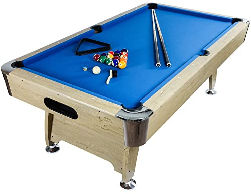 GAMES PLANET 7 ft Billardtisch Premium“ + Zubehör, 9 Farbvarianten, 214x122x82 cm (LxBxH), helles Holzdekor, blaues Tuch