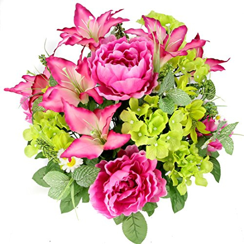 Admired By Nature 24 Stem Artificial Flowers Rose Carnation Mixed Bush Spring Faux Flower Arrangement for Outdoor & Indoor Wedding Home Decoration, Cemetery Decorations For Grave, Orchid