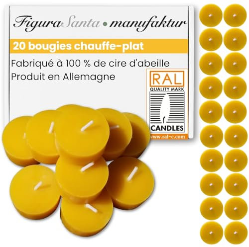 Figura Santa Teelichter Bienenwachs Premium Bienenwachskerzen mit natürlichem Duft Weihnachten - Lange Brenndauer & ohne Hülle (20, Gelb)