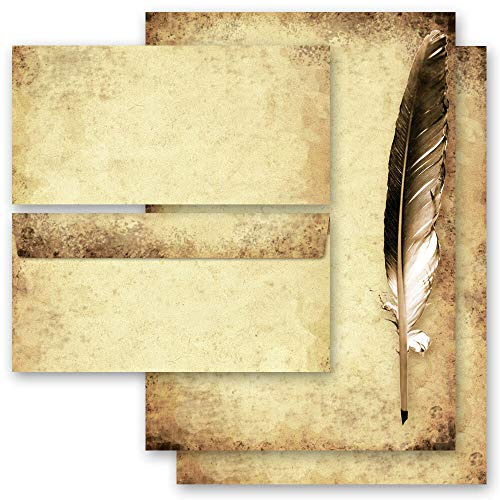 Motivo-set di cancelleria Antico & Storia, PENNA SU CARTA VECCHIA 50 fogli di carta da lettera e 50 buste DIN LANG (senza finestra) | Paper-Media