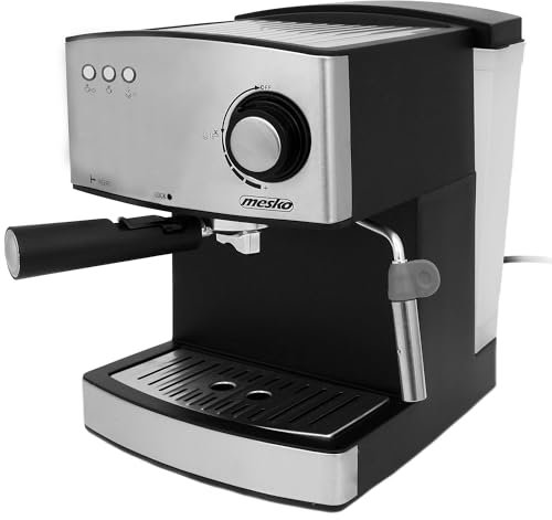 Mesko MS4403 Machine à Espresso Cappuccino, 15 Bars, Cafetière Manuelle pour Café Moulu, Buse Vapeur pour Mousseur a Lait, Réservoir 1,6L, Chauffe-Tasses, Acier Inoxydable / Noir, 850W