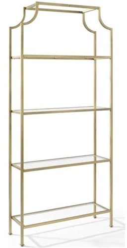Pemberly Row Glass Bookcase, 80 H x 36 W x 12 D, Metal and Tempered Glass, Antique Gold Finish, 4 Shelves, Modern Vertical Design, Sturdy Storage for Living Room, Bedroom, or Home Office