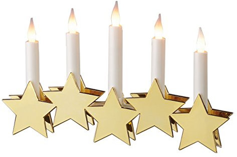 hellum LED-Kerzenleuchter, Schwibbogen, Kunststoff, goldene Sterne, 5 warm-weiße LEDs, 27x17 cm, Kabel transparent, Indoor, batteriebetrieben (3AA), Weihnachts-Dekoration, 520316