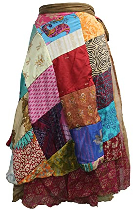 Mango Gifts Sari Silk Vintage Patchwork Wraparound Long Skirt Multi