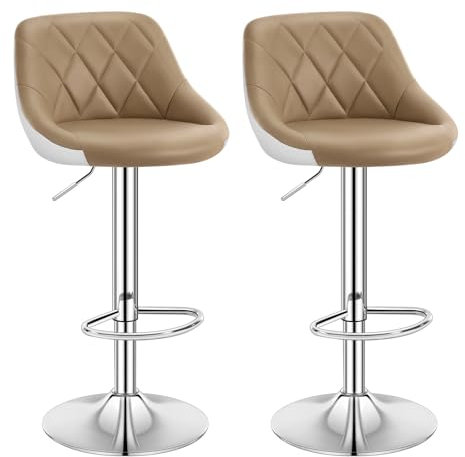 WOLTU Barhocker 2er Set, Barstuhl mit Lehne, höhenverstellbar drehbar, gepolsterter Kunstledersitz, rutschfestes Metallfuß, für Küche Hausbar, Khaki + Weiß
