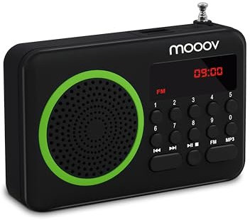 mooov 477202 Petite Radio Portable FM avec Batterie Rechargeable - Poste Transistor Radio Réception FM, Port USB, Lecteur Carte Micro SD - Noir / Vert