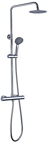 Columna de ducha termostática extralarga diseño redondo, con tubo extensible de 100 a 150 cm. Rociador extraplano de 20cm y ducha de mano de hidromasaje redondos. Recambios garantizados