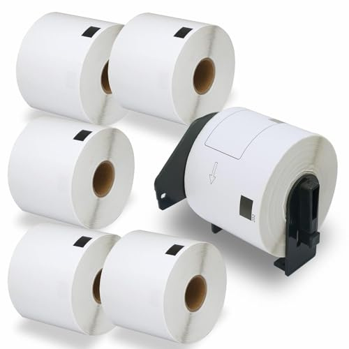 BETCKEY - 6 Rotoli DK-11202 Etichette per Spedizioni Compatibile con Brother, 62mm x 100mm, 1800 Etichette per Stampanti di Etichette Brother QL (1 Portaetichette Riutilizzabili)