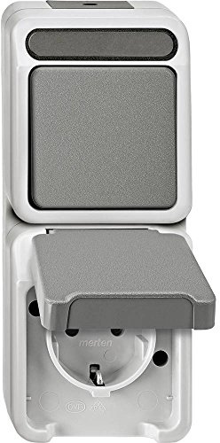 Schneider Electric Merten Schuko-Steckdose Kombination mit Taster, 1-Fach, Berührungsschutz, Aufputz, Aquastar, IP44, lichtgrau, Artikelnummer MEG3497-8029
