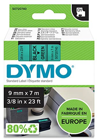 DYMO Authentic D1 Labels | Black Print on Green Tape | 9 mm x 7 m | Self-Adhesive Labels for LabelManager Label Makers | Made in Europe