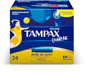 Tampax Compak Regular, 24 assorbenti interni in un pratico formato tascabile con applicatore in plastica e sistema di protezione anti perdita. Ideale per flussi da leggeri a medi