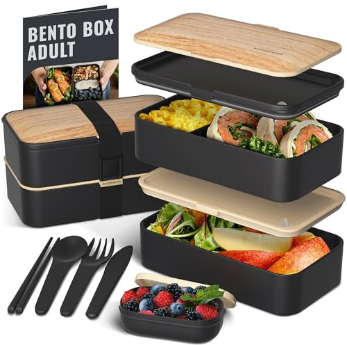 Bentoheaven Premium Bento Box Adult Lunch Box with Compartments for Women & Men, Set of Utensil & Chopsticks & Dip Container, Cute Japanese Kids Bento Lunch Box, Microwavable (Symph Onyx)