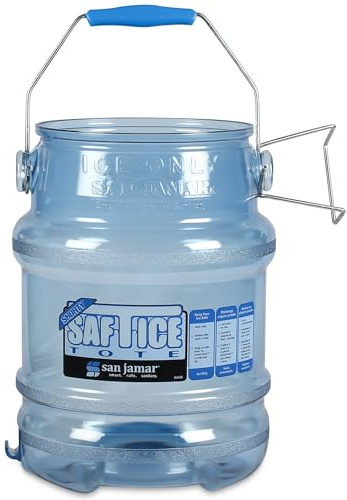 San Jamar Saf-T-Ice Ice Tote with Ice Machine Hanger for Kitchens, Restaurants, and Fast Food, Plastic, 5 Gallons, Blue