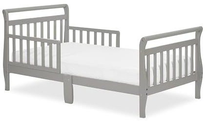 Dream On Me Classic Sleigh Toddler Bed in Cool Grey – Baby Safety Alliance Certified, Low-to-Floor Design, Non-Toxic Finish, Wooden Safety Rails