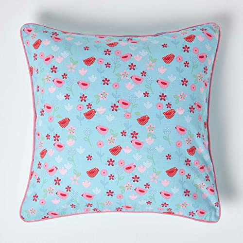 (60cm x 60cm ) - Homescapes - 100% Cotton - Birds and Flowers - Filled Large Cushion - 60 x 60 cm Square - 24 x 24 Inches - Blue Pink Red - 100% Cotton - Cover Well Filled Pad - Washable