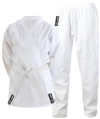 Cimac Karate Gi - White - 200g Karate Suit, Student Training & Sparring Uniform with Elasticated Waistband, Made from Lightweight Polycotton, Comes with a Belt, 130cm