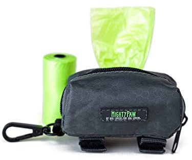 Mighty Paw Dog Poop Bag Holder - Zippered Pouch with Carabiner Hook - Includes Roll of Pick-up Bags - Pet Poop Holder and Dispenser - Pet Walking Supplies - (Grey/Green)