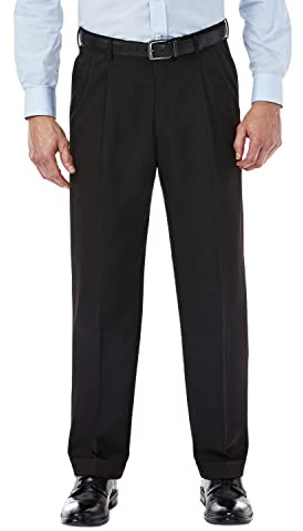 Haggar Men's Mynx Gabardine Pleat-Front Dress Pant with Hidden Expandable Waist, Black, 36W x 29L