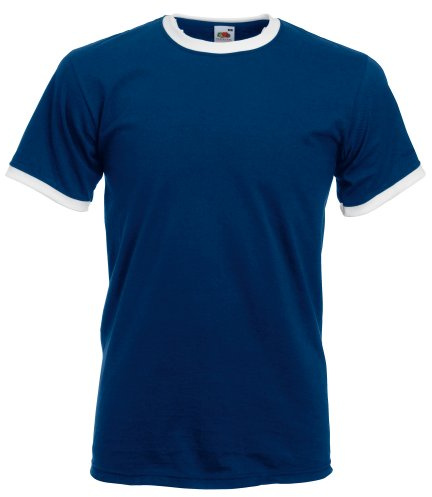 Fruit of the Loom - Camiseta de Manga Corta con Bordes Hombres (Grande (L)/Azul Marino/Blanco)
