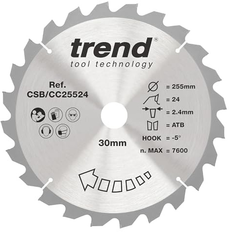 Trend Wood Mitre Saw Blade, 255mm Diameter, 30mm Bore, 24 Teeth, 2.4mm Kerf, -5° Hook, TCT, Coarse Finish, CSB/CC25524