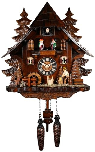 Engstler Quartz Cuckoo Clock Black Forest House with Moving Wood Chopper and Mill Wheel, with Music EN 473 QMT