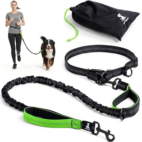 SparklyPets - Hands Free Dog Lead for Medium and Large Breeds - Professional Waist Leash for Walking, Hiking, Training, Jogging, Canicross, Running with Reflective Stitches (Green, For 1 Dog)