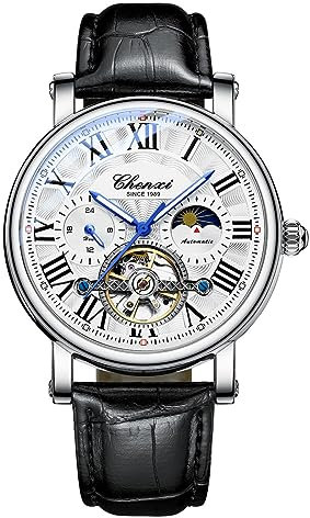 FENKOO Männer römische Zahl Tourbillon Mondphase Dekor Lederband automatische Selbstwind Kleid zu sehen