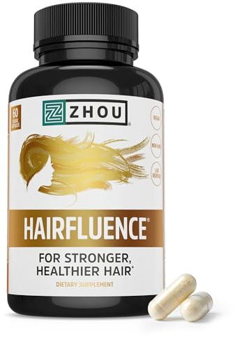 Zhou Hairfluence - Vegan Biotin Supplement for Hair Growth for Men & Women, Supports Stronger, Healthier Hair, Nails, & Glowing Skin with Lustriva & B Vitamin Complex - 60 Veggie Capsules (Pack of 1)