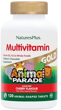 NaturesPlus Animal Parade Gold Kids' Multivitamin - Chewable Vitamins, Superfoods and Probiotics - Natural Cherry Flavour - Vegan, Gluten Free - 120 Animal Shaped Tablets