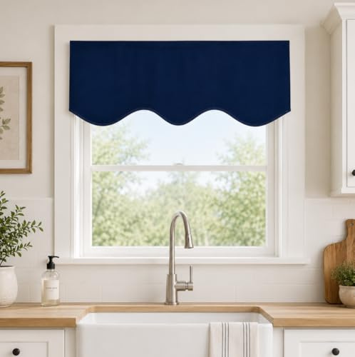 Aquazolax Mantovana per finestra smerlata per cucina, oscurante, decorativa, smerlata, 132 x 45 cm, blu navy, pannello singolo