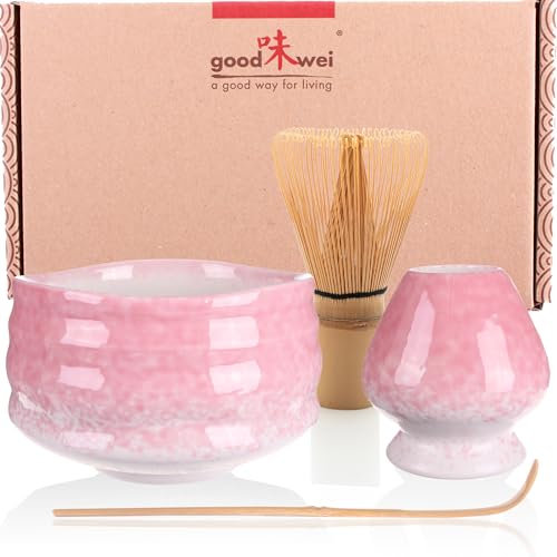 Goodwei Matcha Kit | Bol Matcha Artisanal Chawan, Cuillère e Fouet à Matcha avec Support de Fouet en Céramique au design assorti | Service à Thé Japonais (Sakura, 80)