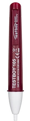 Comprobador de tensión sin contacto Testboy 105 de 12 V CA con pantalla óptica, acústica y vibratoria (detector de tensión, linterna LED integrada, CAT IV 1000 V), rojo