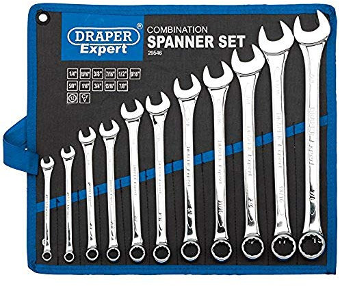 Draper Expert HI-TORQ® 1/4 to 7/8 Combination Spanner Set | 11 Piece Chrome Vanadium Steel Hand Tools | Imperial Manual Plated Tools | 29546