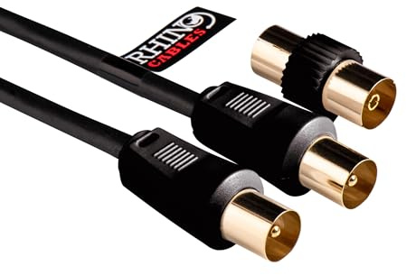rhinocables Coaxial TV Aerial Cable with Gold-Plated Connectors | Male to Male RF Coax Lead with Female Adapter |Universally Compatible Fly Lead for HD/Standard TVs & Satellite Receivers (1m, Black)