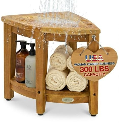 EcoDecors Corner Teak Shower Bench with Shelf – 16” x 18 Height- Teak Shower Stool with Shelf, Waterproof, 350lb Capacity Non-Slip | for Inside Shower | Tool-Free Assembly | Aging in Place