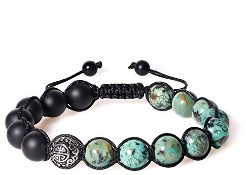 COAI Bracciale da Uomo in Turchese Africano e Onice Opaco, Bracciale Shamballa Regolabile da Uomo in Pietre Naturali con Amuleto Shou della Longevità in Argento Vintange